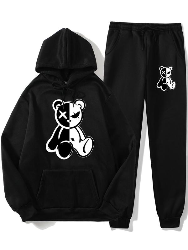 Two Counts Men's Cartoon Bear Print Hoodie & Drawstring Waist Sweatpants Set, Graphic Sweatsuit Sets for Men, Casual Long Sleeve Hooded Sweatshirt & Jogger Pants, Going Out Outfits, Fall Clothes 2024