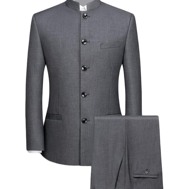 Men 2 Pieces slim fit Chinese Tunic Suit Mandarin Collar Blazer Set Button Jacket Pant Set Traditional Uniform Groom Dress