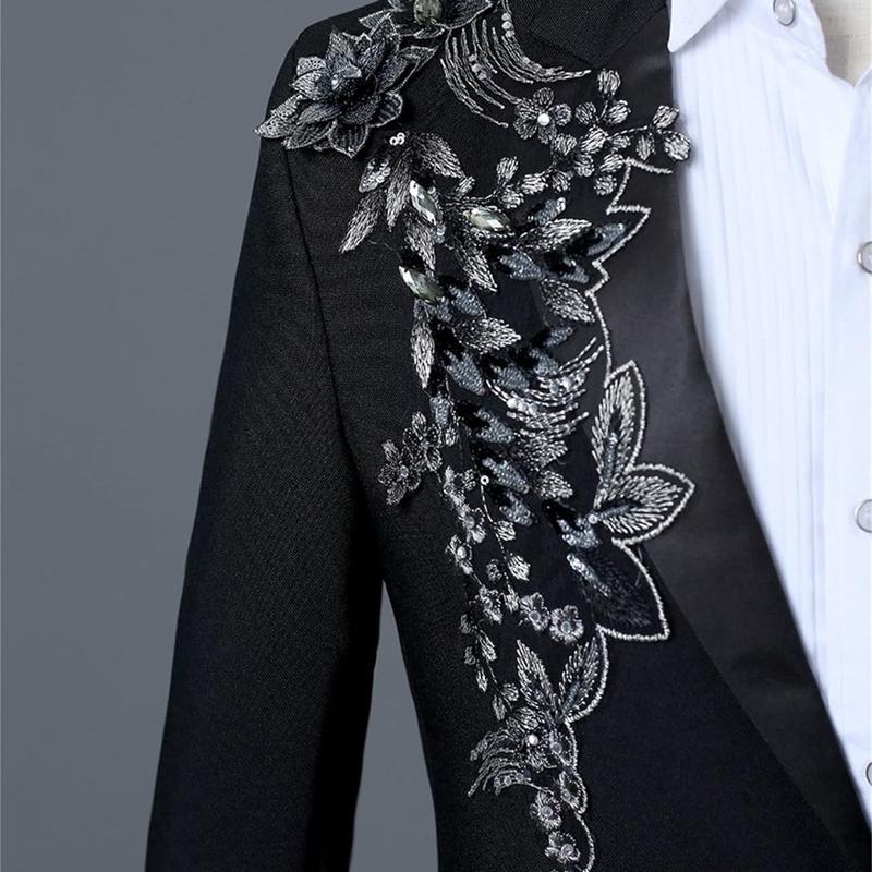 Mens 2 Pieces Luxury Embroidered Suits 1 Button Print Dinner Tuxedo Jacket Pants Prom Wedding Elegant Blazer Dress Suit