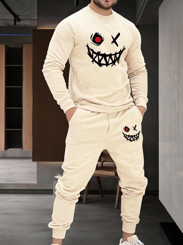 Two-piece Set Men's Cartoon Face Print Crewneck Sweatshirt & Drawstring Waist Sweatpants Set, Men's Designer Outfits Set, Regular Fit Longsleeves Top & Trousers for Fall, Streetwear, Men Back To School Clothing, Please Purchase One Size Smaller