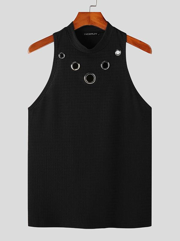 Men's Textured Grommet Eyelet Mock Neck Tank Top, Casual Sleeveless Top For Summer, Fashion Men's Streetwear Clothes For Daily Wear