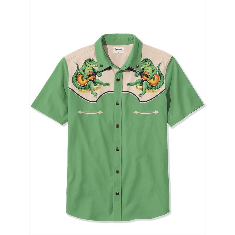 Retro Crocodile Playing Guitar  Casual Short Sleeve Hawaiian Shirt, Funny Western Cowboy Button Down Shirt, Crocodile Lover Gift