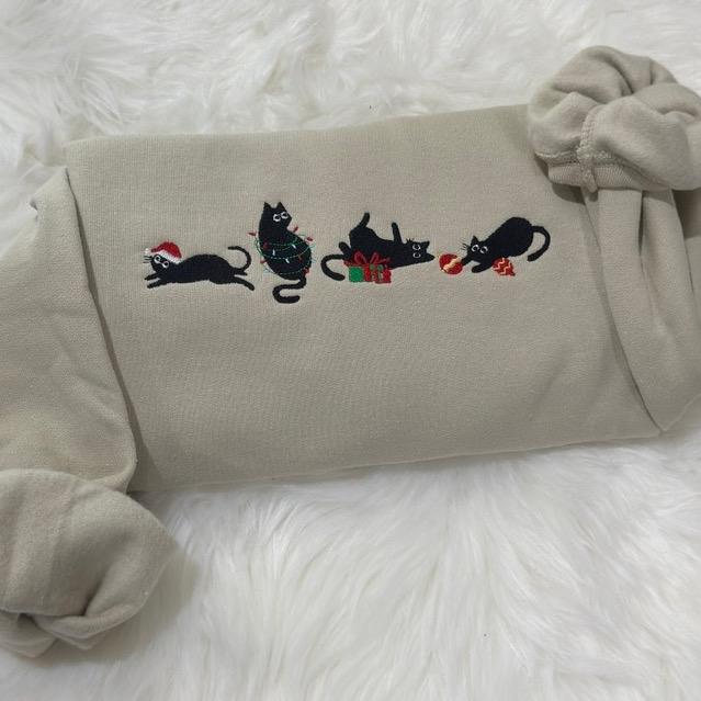 EMBROIDERED Black Christmas Cats Sweatshirt - Meowy Christmas Cats Embroidered Unisex Sweatshirt Black Cats, Cats Gift sweatshirt, Christmas cats