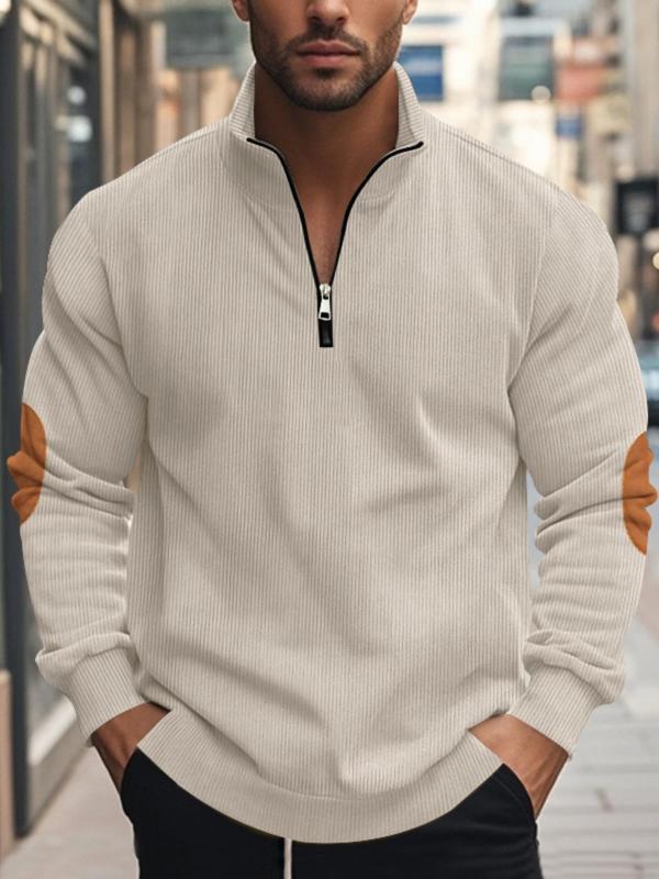 Men's Colorblock Patched Half Zip Up Funnel Neck Sweatshirt, Regular Fit Casual Long Sleeve Pullover for Spring & Fall, Fashion Men's Top for Daily Wear