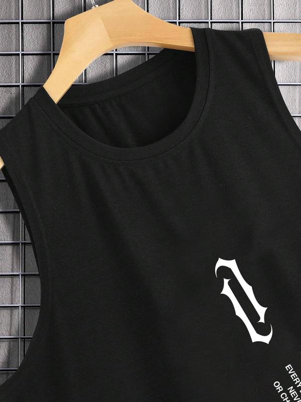 Men's Letter Print Round Neck Tank Top, Regular Fit Casual Sleeveless Crew Neck Top for Summer, Fashion Men's Top for Daily Wear