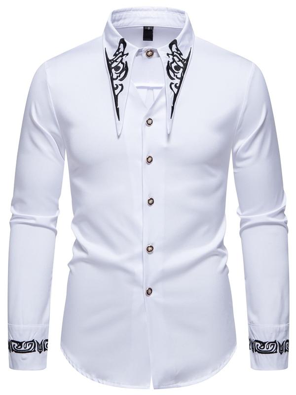 Men's Embroidery Cut Out Button Front Shirt, Casual Regular Fit Long Sleeve Collared Top for All Seasons, Fashion Men's Clothes for Daily Wear Vintage Graphic Tees