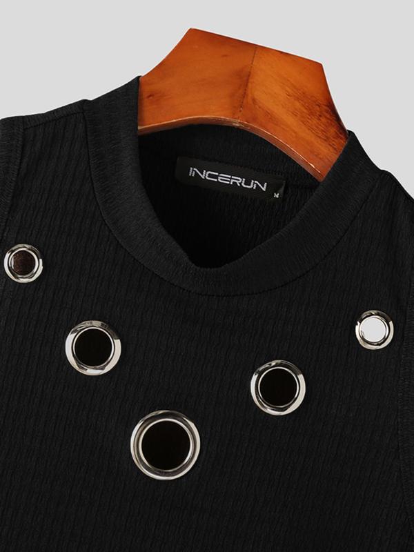 Men's Textured Grommet Eyelet Mock Neck Tank Top, Casual Sleeveless Top For Summer, Fashion Men's Streetwear Clothes For Daily Wear
