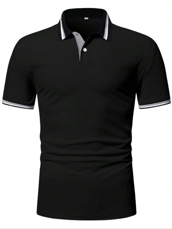  Contrast Binding Short Sleeve Polo Shirt, Regular Fit Casual Button Front Collared Top for Summer, Men's Clothes for Daily Wear