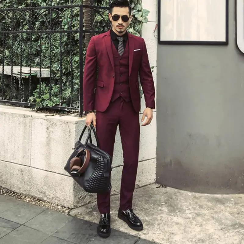 Men Three-piece Suit Elegant Men's Formal Business Suit Set with Slim Fit Coat Pants Vest Classic Groom Wedding Attire in Solid