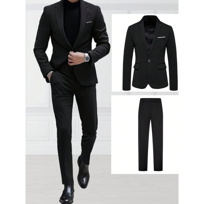 Men's Elegant 2pcs Suit Set - Polyester & Rayon Blend, Non-Stretch, Solid Color, Long Sleeve Blazer and Dress Pants for Weddings and Formal Events