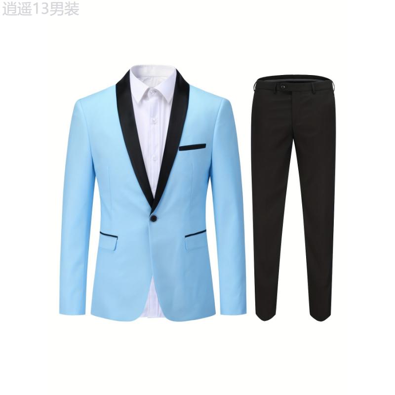 Formal 2 Pieces Set, Men's One Button Suit Jacket & Dress Pants Suit Set For Business Dinner Wedding Party Menswear Collar Tops Viscose