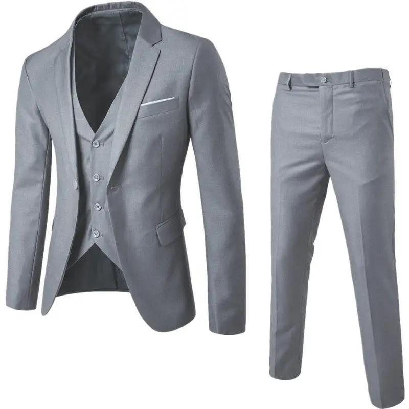 Men Three-piece Suit Elegant Men's Formal Business Suit Set with Slim Fit Coat Pants Vest Classic Groom Wedding Attire in Solid