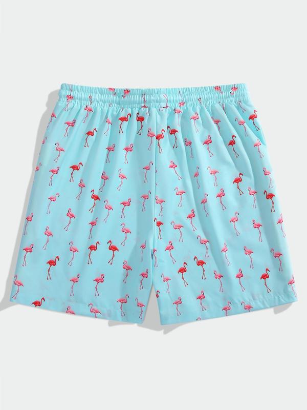 Men's All Over Flamingo Print Drawstring Waist Shorts, Regular Fit Casual Pocket Elastic Waist Beach Shorts,  Shorts for Men, Mens Shorts, Back To School Summer Bottoms for Men