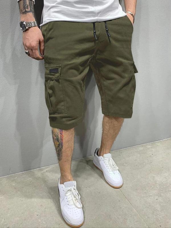 Men's Solid Patched Pocket Drawstring Waist Cargo Shorts, Casual Streetwear Bermuda Shorts, Shorts for Men, Summer Outfits 2024, Woven Bottoms for Summer