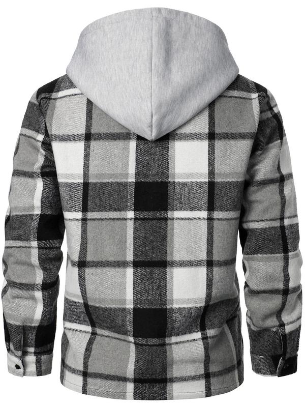 Men's Patchwork Plaid Print Button Front Drawstring Hooded Jacket, Regular Fit Casual Long Sleeve Pocket Outerwear for Daily Wear, Men's Clothing for All Seasons