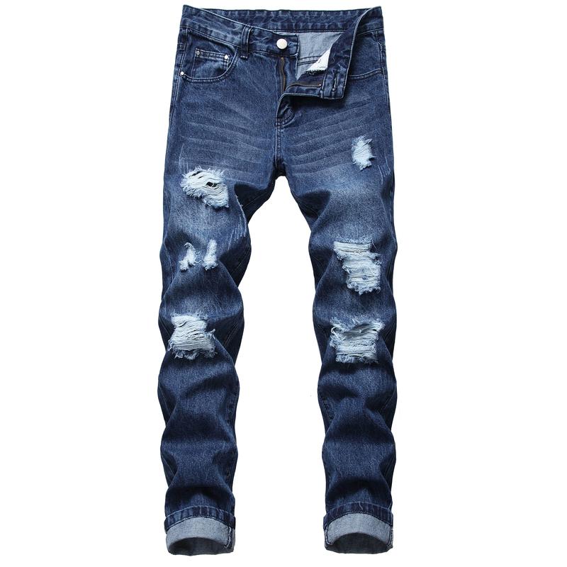 Mens Ripped Jeans, Distressed Destroyed Slim Fit Straight Leg Denim Pants Fashion Menswear