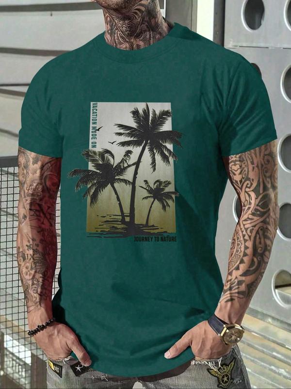 Men's Coconut Tree & Letter Print Drop Shoulder Sleep Tee, Regular Fit Casual Soft Comfortable Short Sleeve Round Neck PJ T-Shirt for Daily Wear, Sleepwear Loungewear for Men