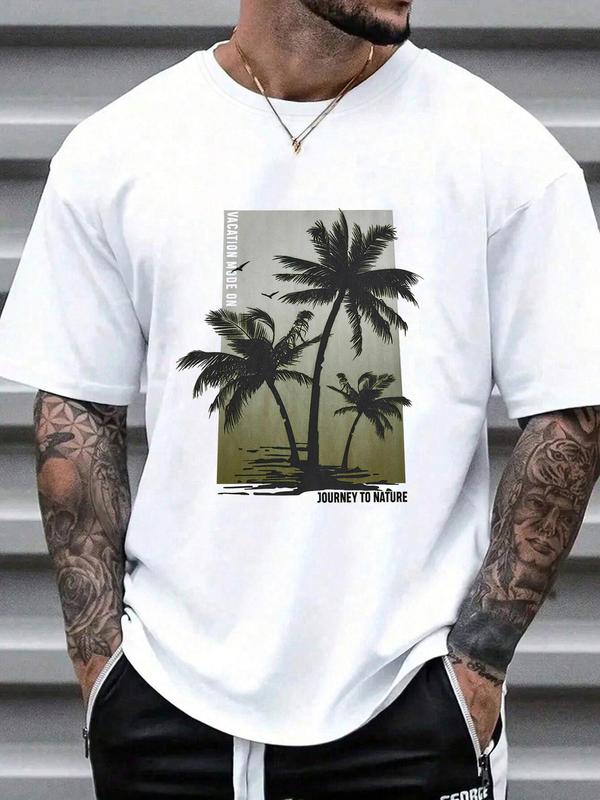 Men's Coconut Tree & Letter Print Drop Shoulder Sleep Tee, Regular Fit Casual Soft Comfortable Short Sleeve Round Neck PJ T-Shirt for Daily Wear, Sleepwear Loungewear for Men