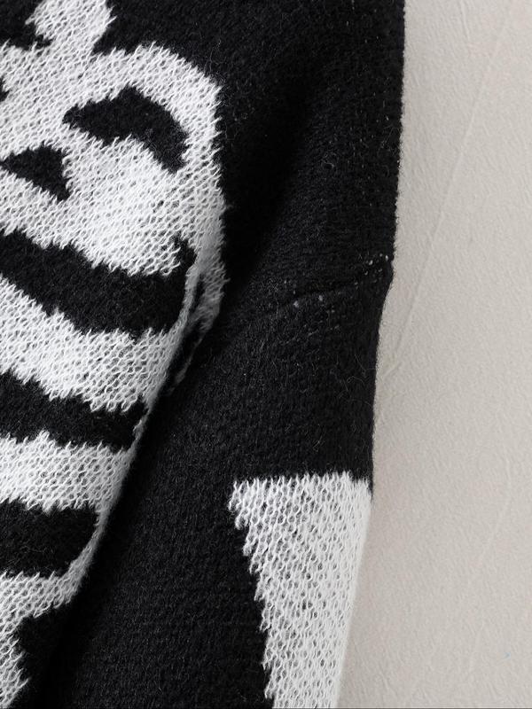 Men's Skeleton Print Button Front Cardigan, Loose Casual Drop Shoulder Long Sleeve V Neck Knitwear for Fall & Winter, Cardigan Sweater, Men's Knit Clothing for Daily Wear