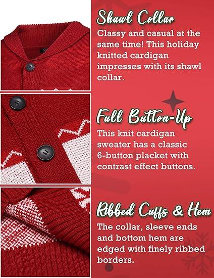 COOFANDY Men's Christmas Cardigans Ugly Xmas Sweaters Reindeer Snowflake Shawl Collar Knitted Cardigan Sweater Classic Knitwear Menswear black friday