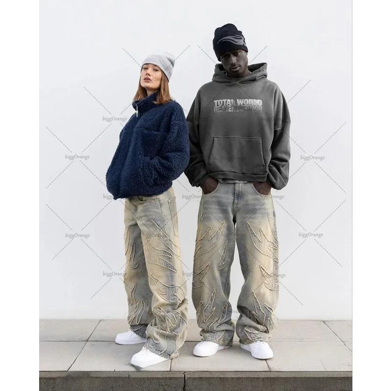 New Street Hip-hop Raw Edge Washed High-waisted Jeans Y2k Men Harajuku Retro High Street Oversized Straight Wide-leg Pants Women