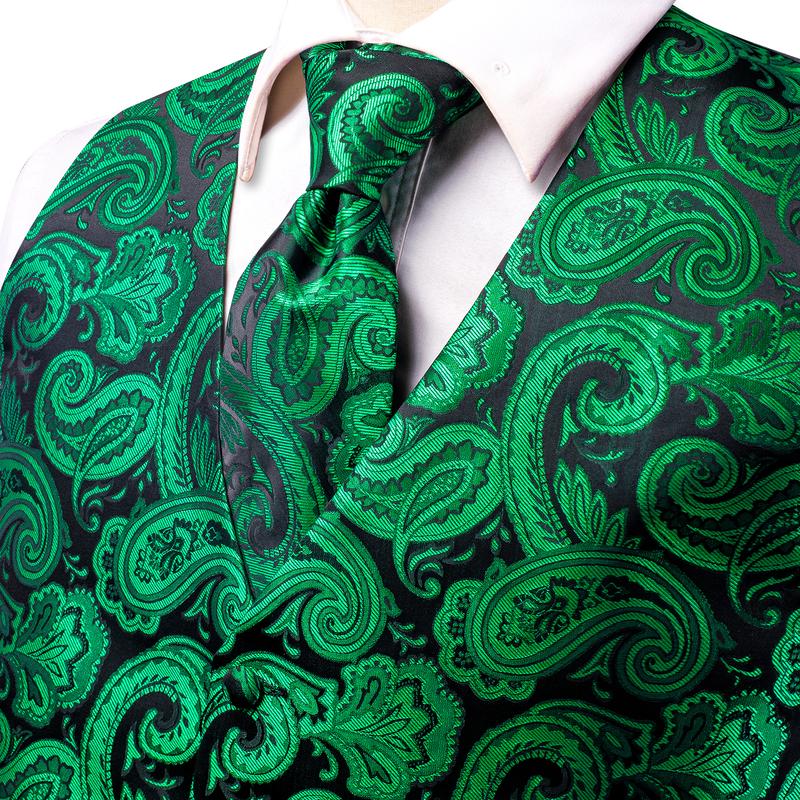 Men's Vest Necktie Pocket Square Cufflinks Set V Neck Green Golden Paisley Dinner Waistcoat