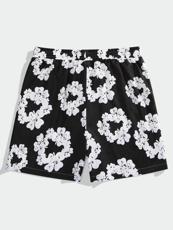 Men's Random Floral Print Pocket Shorts, Regular Fit Casual Drawstring Waist Beach Shorts, Back To School Summer Clothes, Summer Bottoms for Men