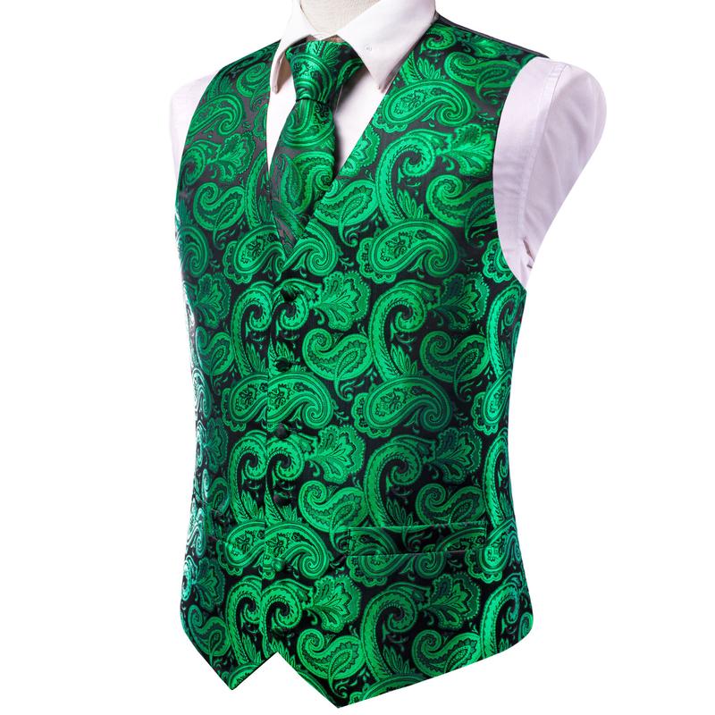 Men's Vest Necktie Pocket Square Cufflinks Set V Neck Green Golden Paisley Dinner Waistcoat