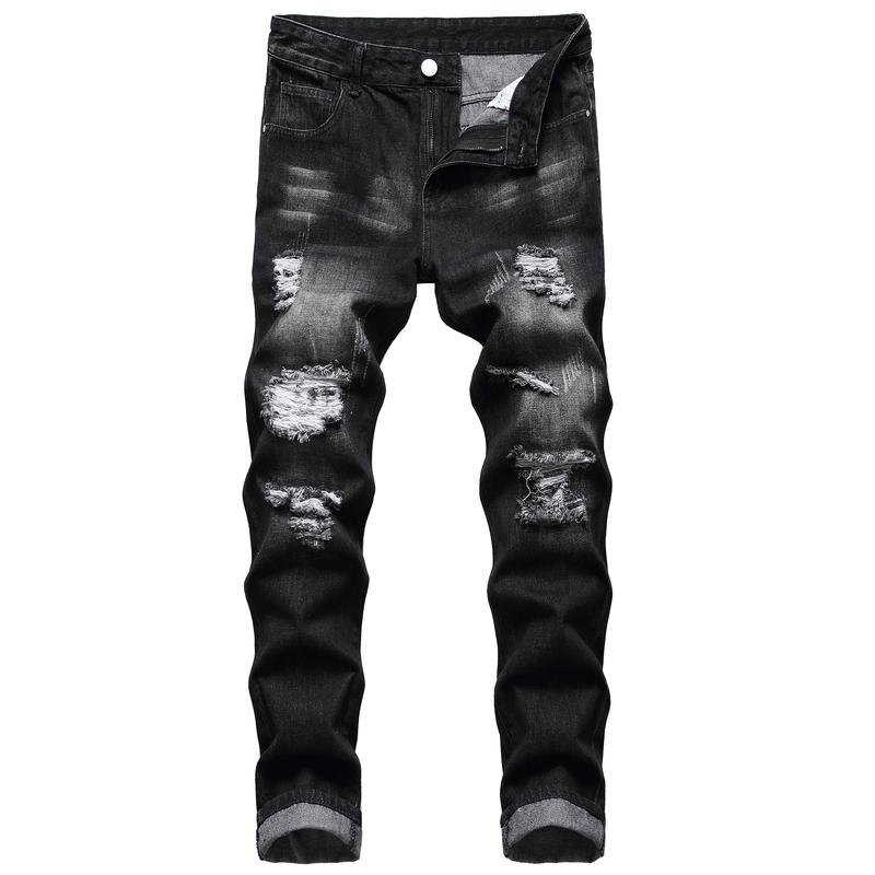 Mens Ripped Jeans, Distressed Destroyed Slim Fit Straight Leg Denim Pants Fashion Menswear