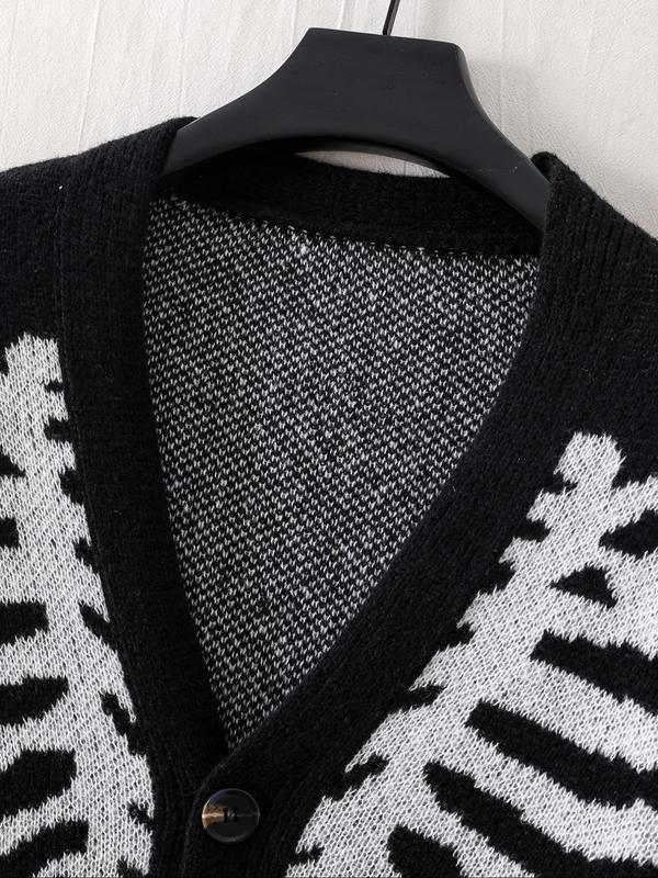 Men's Skeleton Print Button Front Cardigan, Loose Casual Drop Shoulder Long Sleeve V Neck Knitwear for Fall & Winter, Cardigan Sweater, Men's Knit Clothing for Daily Wear