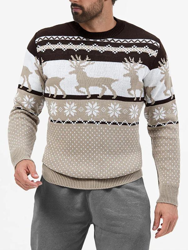 Men's Christmas Reindeer & Snowflake Print Drop Shoulder Sweater, Regular Fit Casual Long Sleeve Round Neck Jumper for Fall & Winter, Fashion Men's Knitwear for Daily Wear