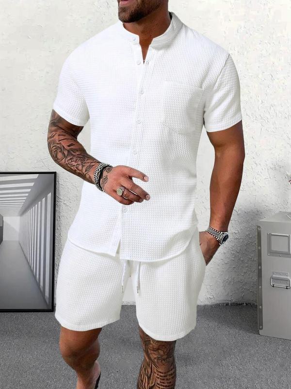 Men's Solid Waffle Button Front Shirt & Drawstring Waist Shorts Loungewear Two-piece Set, Casual Comfy Short Sleeve Mock Neck Top & Pocket Shorts Pj Set, Men Sleepwear Set for All Seasons, Loungewear Set,2024 Fall Wear