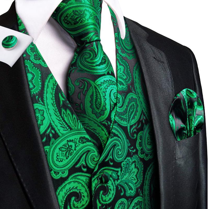 Men's Vest Necktie Pocket Square Cufflinks Set V Neck Green Golden Paisley Dinner Waistcoat