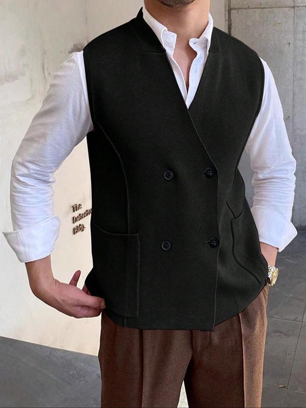 Men's Solid Double Button Pocket V Neck Vest, Regular Fit Casual Sleeveless Top for Fall & Winter, Men's Clothes for Daily Wear