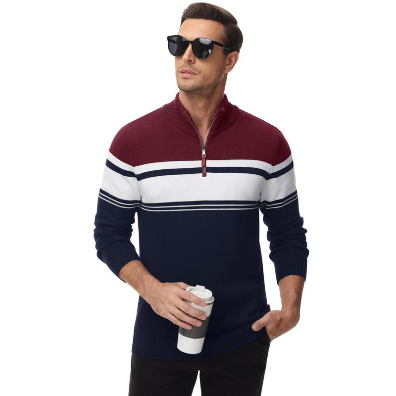 MAGCOMSEN Men's Sweaters 1 4 Zip Up Casual Striped Pullover Polo Sweaters Fall Winter Sweatshirts