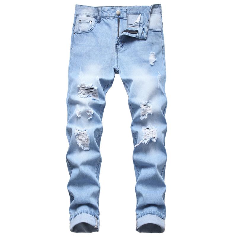 Mens Ripped Jeans, Distressed Destroyed Slim Fit Straight Leg Denim Pants Fashion Menswear