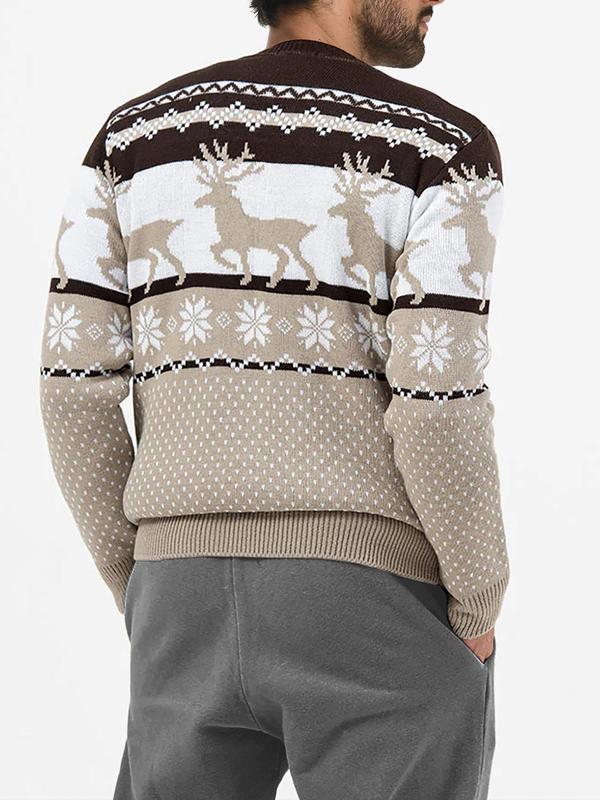 Men's Christmas Reindeer & Snowflake Print Drop Shoulder Sweater, Regular Fit Casual Long Sleeve Round Neck Jumper for Fall & Winter, Fashion Men's Knitwear for Daily Wear