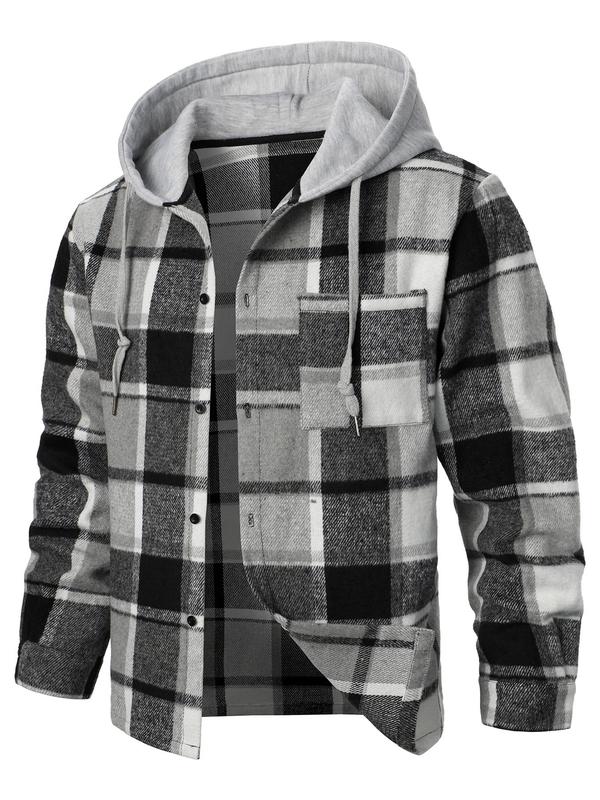 Men's Patchwork Plaid Print Button Front Drawstring Hooded Jacket, Regular Fit Casual Long Sleeve Pocket Outerwear for Daily Wear, Men's Clothing for All Seasons