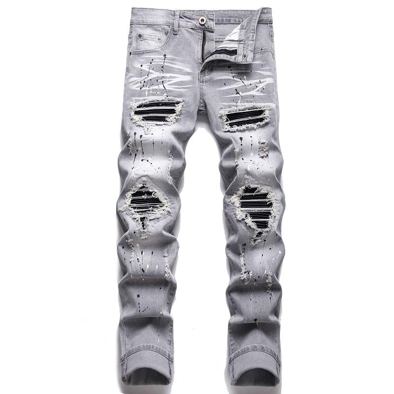 Men Biker Jeans Streetwear Paisley Bandana Print Patch Stretch Denim Pants Patchwork Holes Ripped Slim Straight grey Trousers