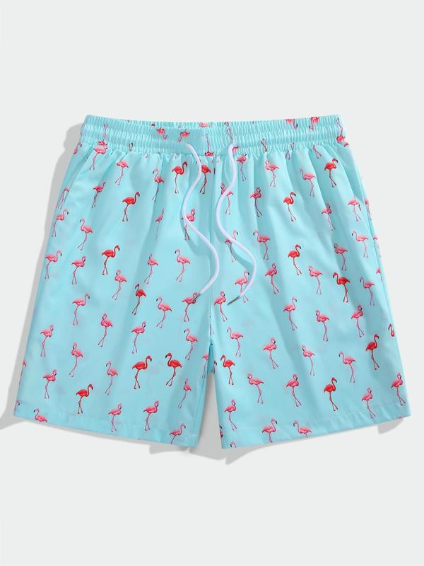 Men's All Over Flamingo Print Drawstring Waist Shorts, Regular Fit Casual Pocket Elastic Waist Beach Shorts,  Shorts for Men, Mens Shorts, Back To School Summer Bottoms for Men