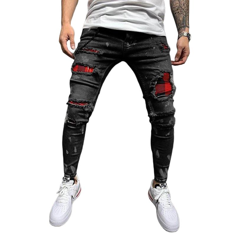 Men's Classic Ripped Jeans, Elastic Waist Stretch Skinny Distressed Denim Trousers Hip Hop Pants Streetwear