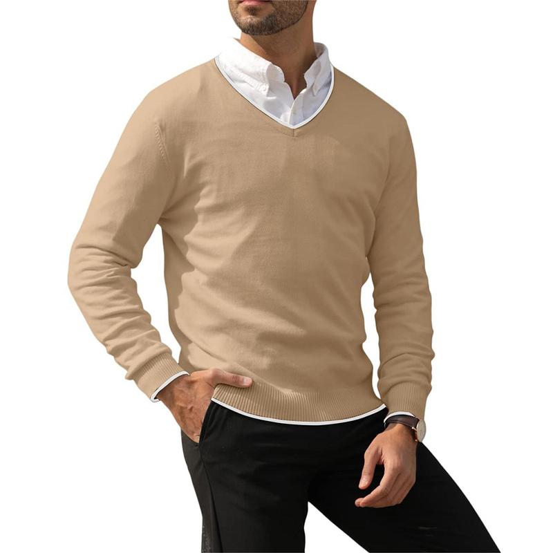 Men's Cotton V Neck Sweater Knitted Jumper Sweater Long Sleeve Pullover Top TX6012