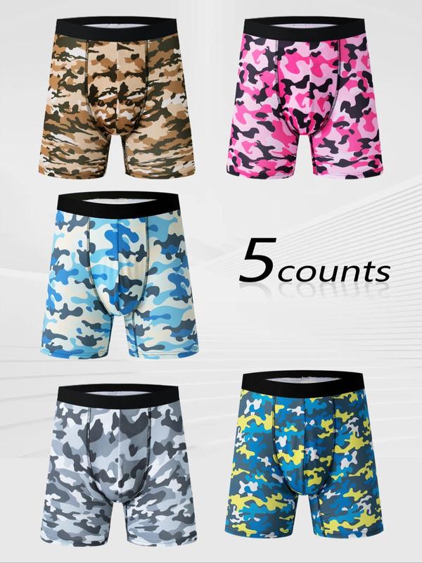 Men's Camo Print Contrast Binding Boxer Brief, Breathable Comfortable Underwear for Daily Wear, Casual Men's Underwear for Summer