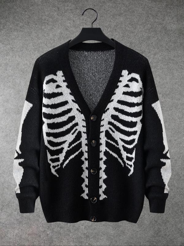 Men's Skeleton Print Button Front Cardigan, Loose Casual Drop Shoulder Long Sleeve V Neck Knitwear for Fall & Winter, Cardigan Sweater, Men's Knit Clothing for Daily Wear