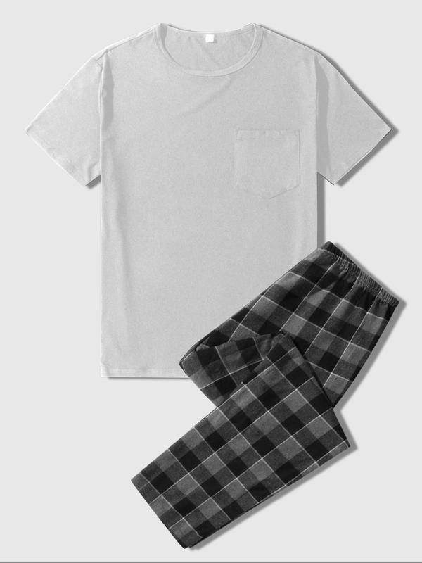 Men's Regular Fit Round Neck Pocket Tee & Plaid Print Elastic Waist Pants Pyjama Two-piece Set, Short Sleeve T-shirt & Trousers Pj Set, Summer Clothes, Casual Comfy Men's Sleepwear & Loungewear Set for All Seasons, Mens Clothing 90S Clothes