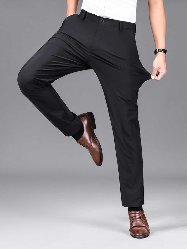 Men's Solid Button Zipper Fly Suit Pants, Regular Fit Pocket Design Trousers for Business Formal Occasions, Fashion Men's Clothes for All Seasons