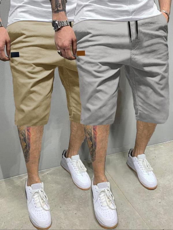 Men's Patched Drawstring Waist Shorts, Casual Pocket Straight Leg Shorts for Daily Outdoor Wear, Streetwear Bottoms for All Seasons