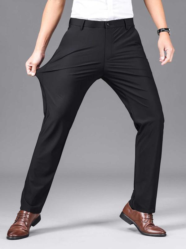 Men's Solid Button Zipper Fly Suit Pants, Regular Fit Pocket Design Trousers for Business Formal Occasions, Fashion Men's Clothes for All Seasons