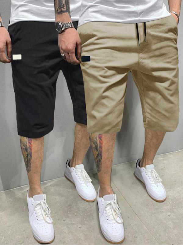 Men's Patched Drawstring Waist Shorts, Casual Pocket Straight Leg Shorts for Daily Outdoor Wear, Streetwear Bottoms for All Seasons