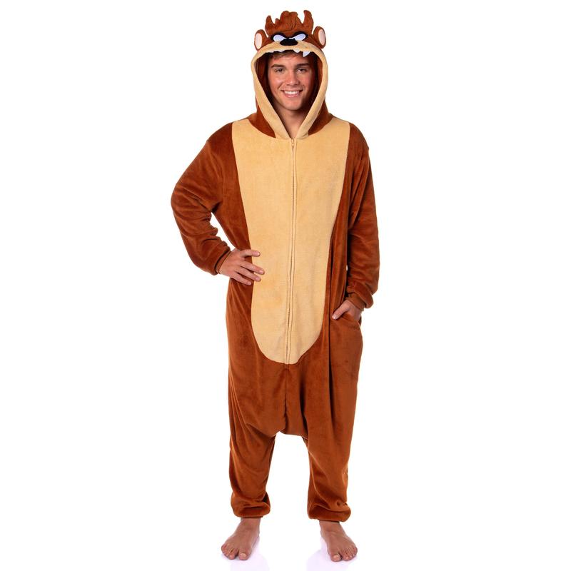 Looney Tunes Mens' Tasmanian Devil Taz Hooded Union Suit Costume Sleep Pajama For Adults